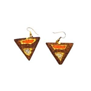 Leather triangle earrings brown w/ orange ivory gold
